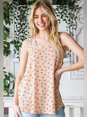 Sleeveless Floral Ribbed Tank Top - Peach